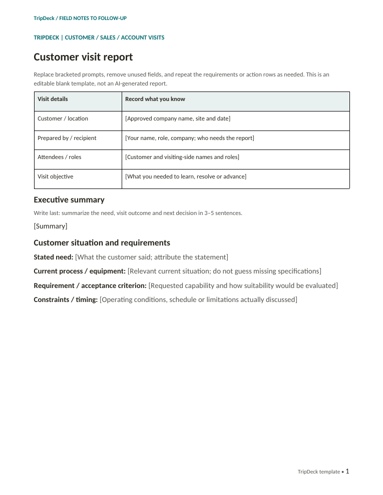 First page of the editable Customer Visit Report Template in Word + Example.