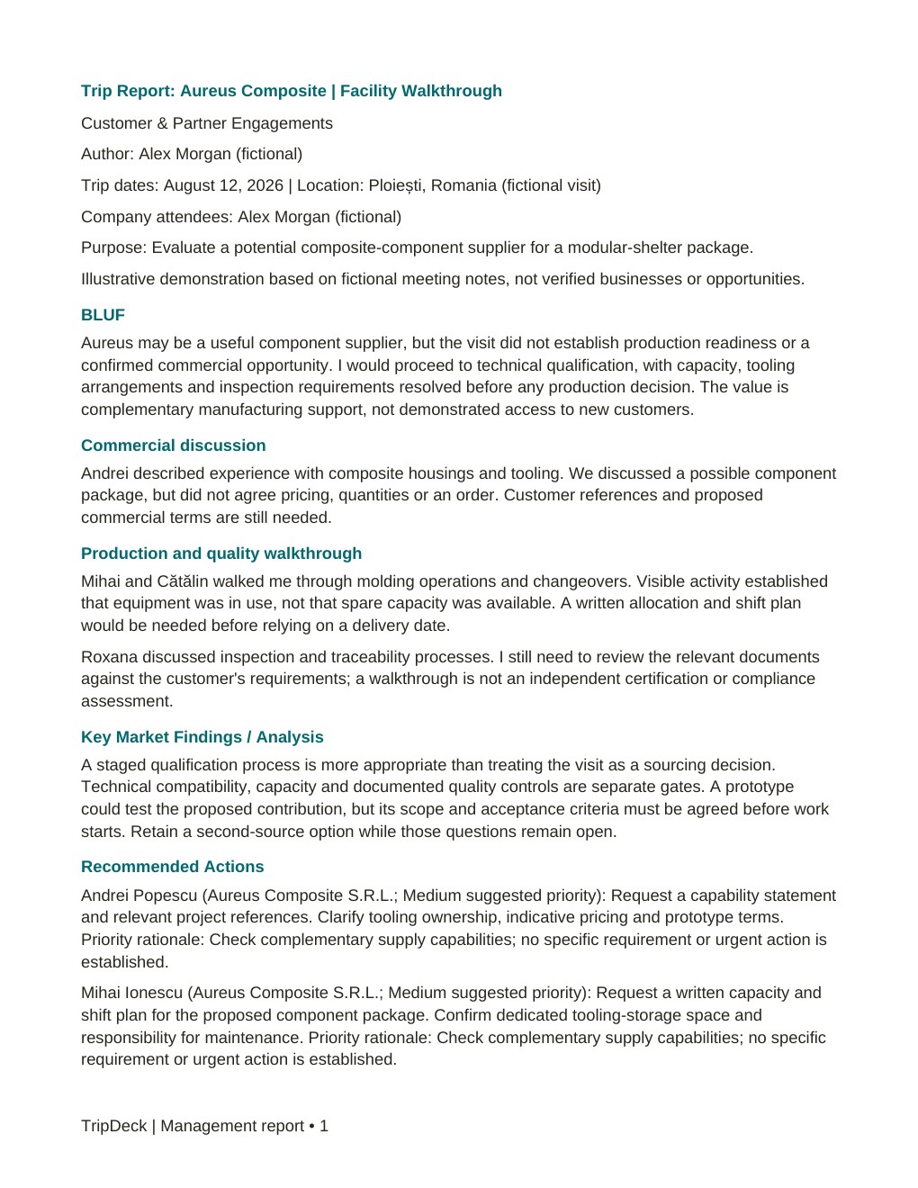First-page preview of the illustrative Aureus facility walkthrough report