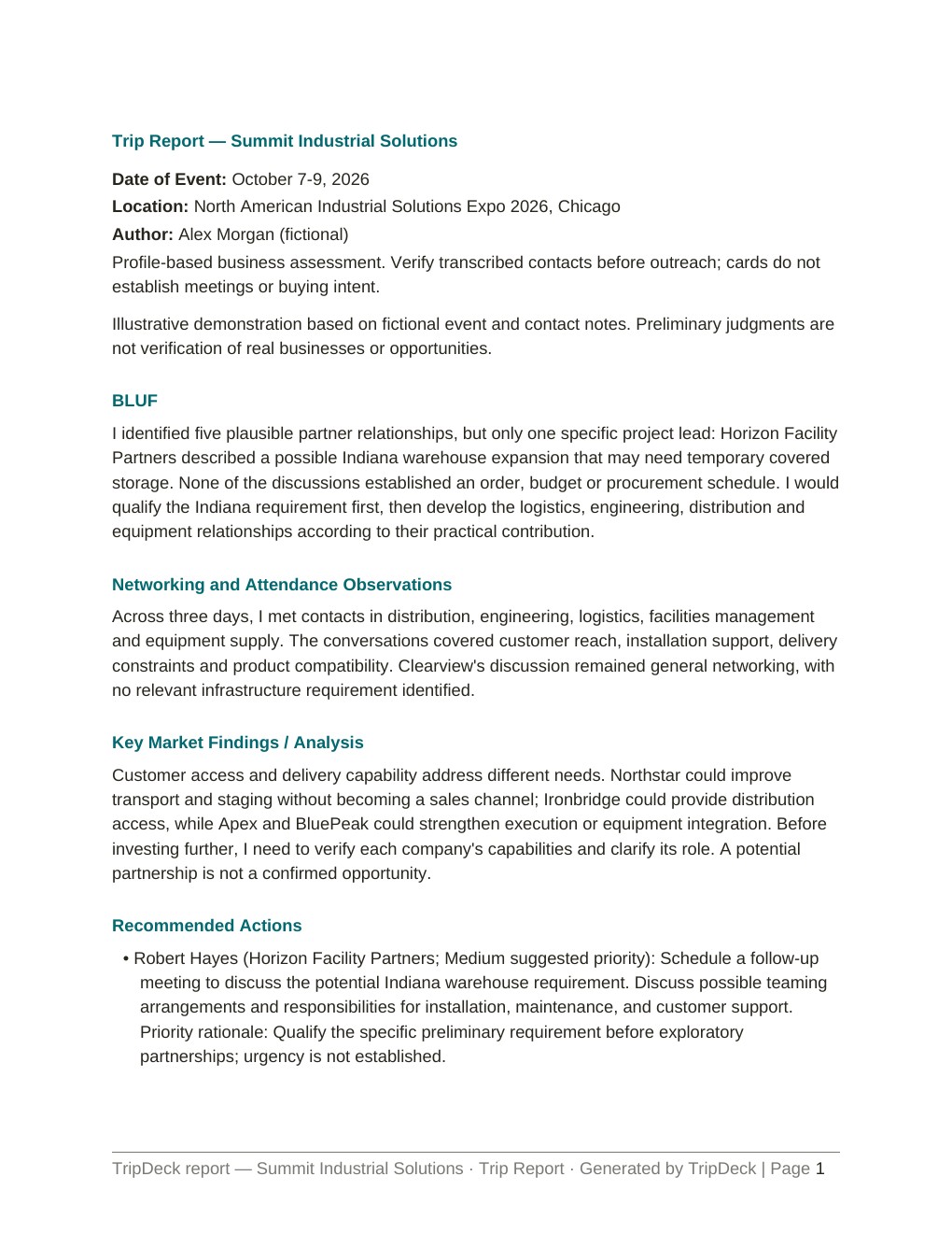 First-page preview of the fictional Summit expo report in an earlier TripDeck format